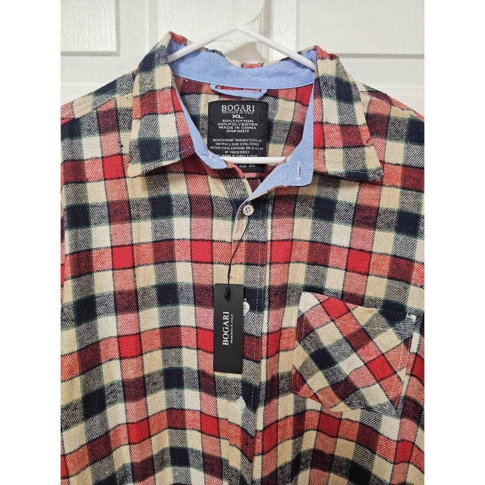 Bogari NWT Shirt Mens XL Red Plaid Flannel Button Up Long‎ Sleeves Cotton Blend - Picture 2 of 5